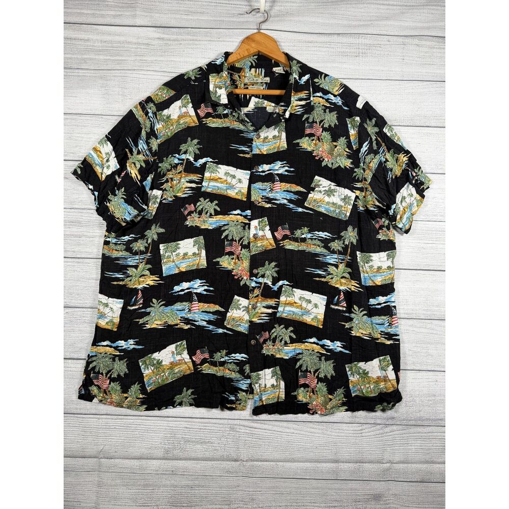 Batik Bay Mens 3XB Black Tropical Hawaiian American Flag Rayon Shirt 4160